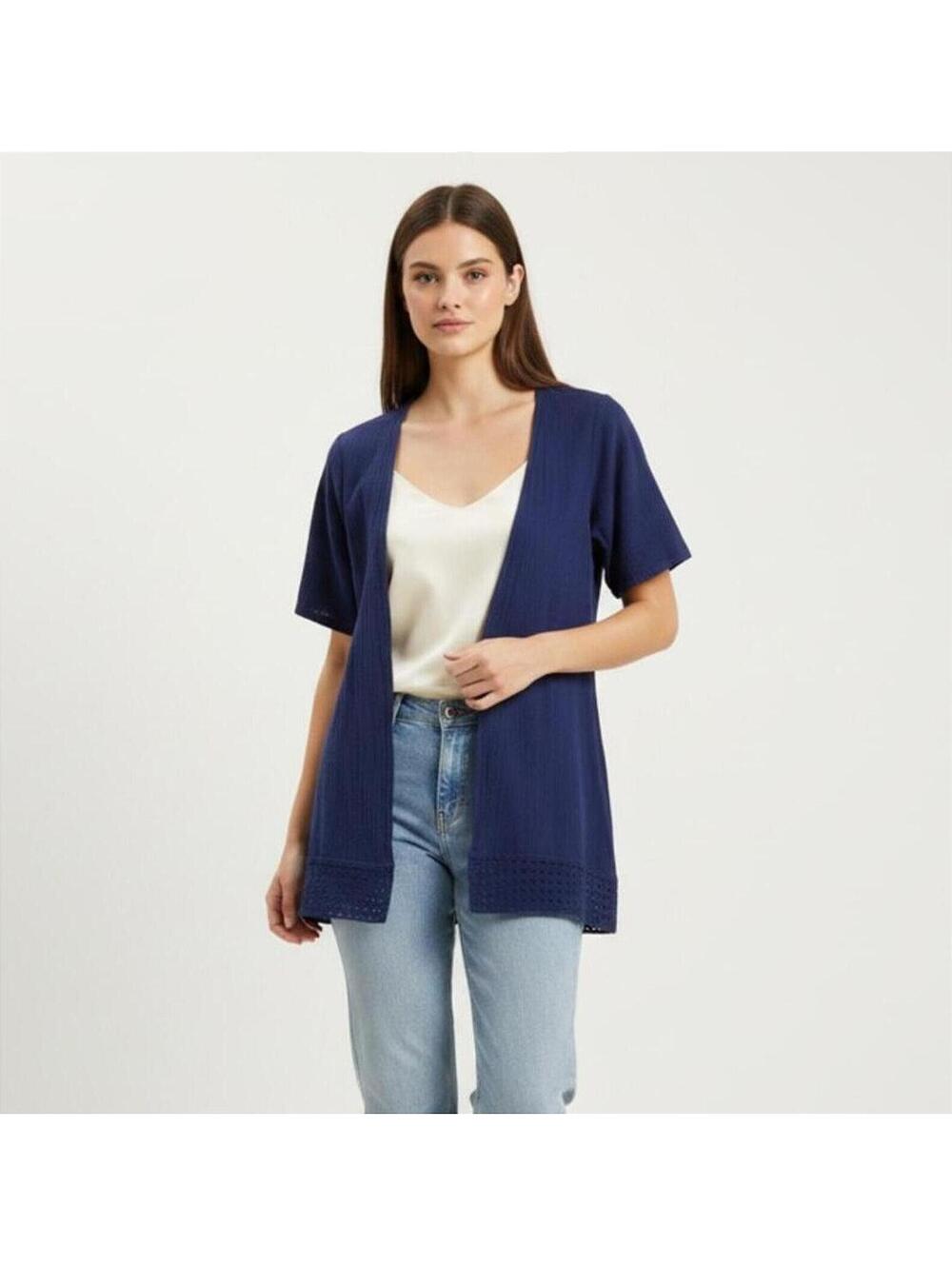 NWT Manta Del Lago Navy Blue Crochet Hem Open Front Cardigan Duster Small Boho